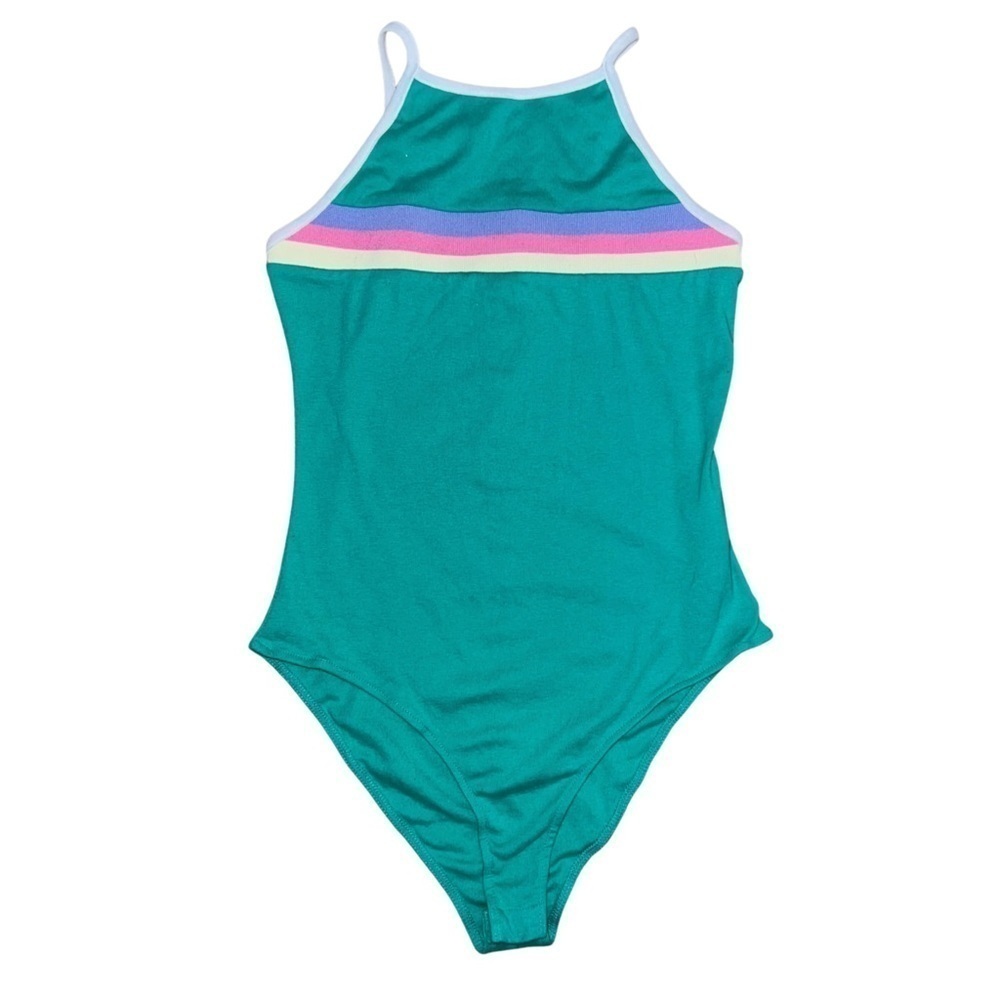 Forever 21 Green Bodysuit With White Trim and Colorful Band Across the Chest Med